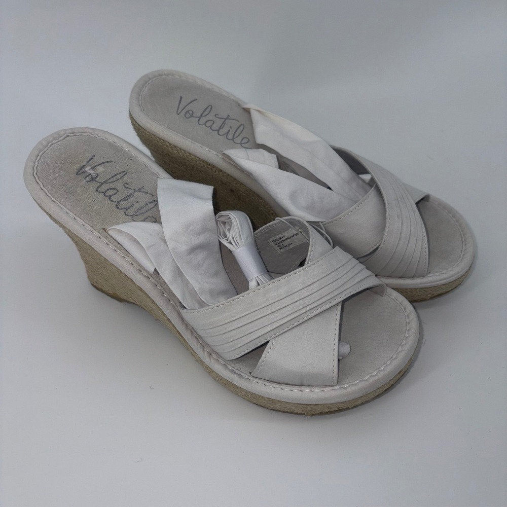 Volatile Womens Size 8 Off White Espadrille Wedge Sandals Fabric‎ Ankle Tie Wrap